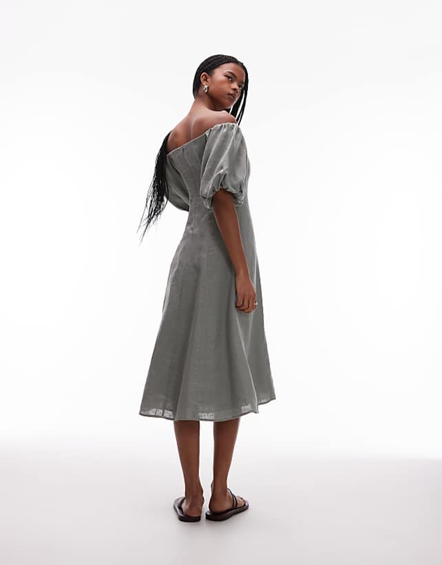 Asos Mango Linen Puff Sleeve Midi Dress In Sage Green