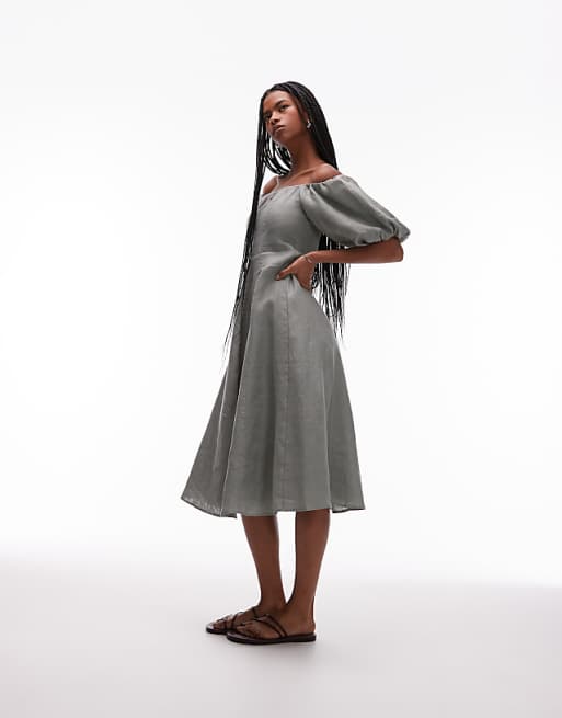 asos Mango linen puff sleeve midi dress in sage green