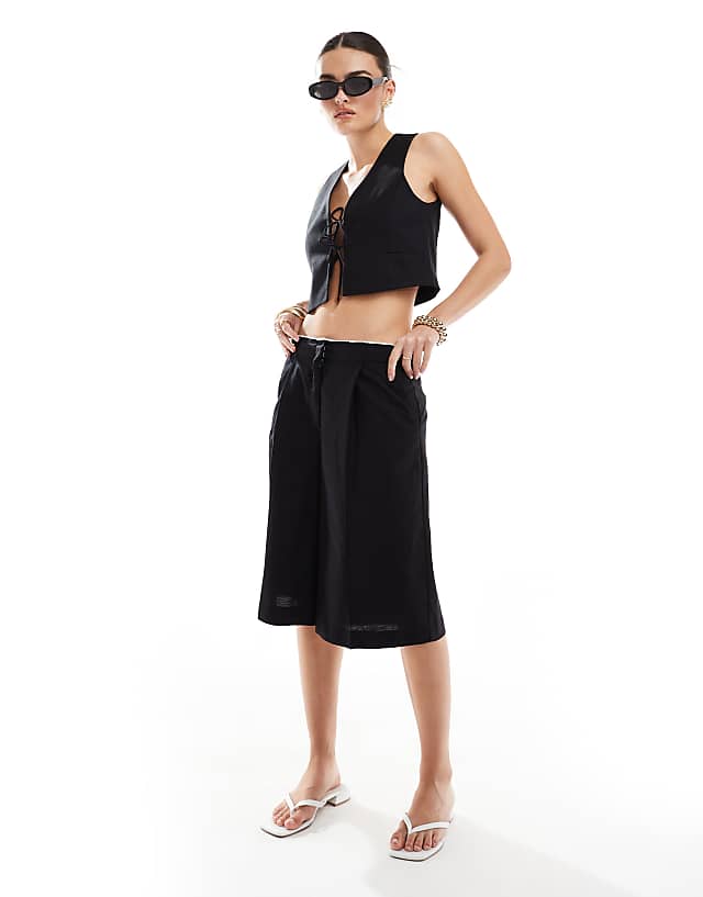 Asos Mango Linen Waistband Detail Co-ord Shorts In Black