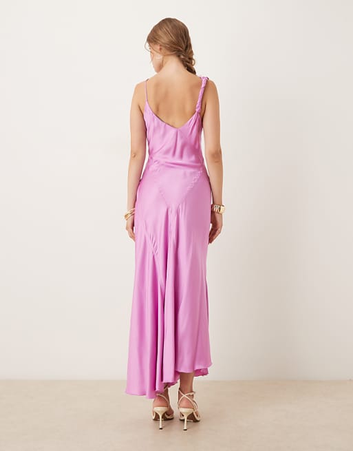 Asos Mango One Shoulder Satin Midi Dress With Side Split In Pink