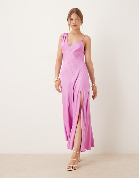 asos Mango one shoulder satin midi dress with side split in pink