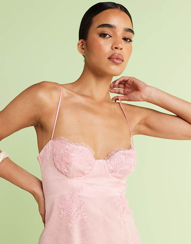 Asos Mango Premium Embroidered Floral Strappy Midi Dress In Pink