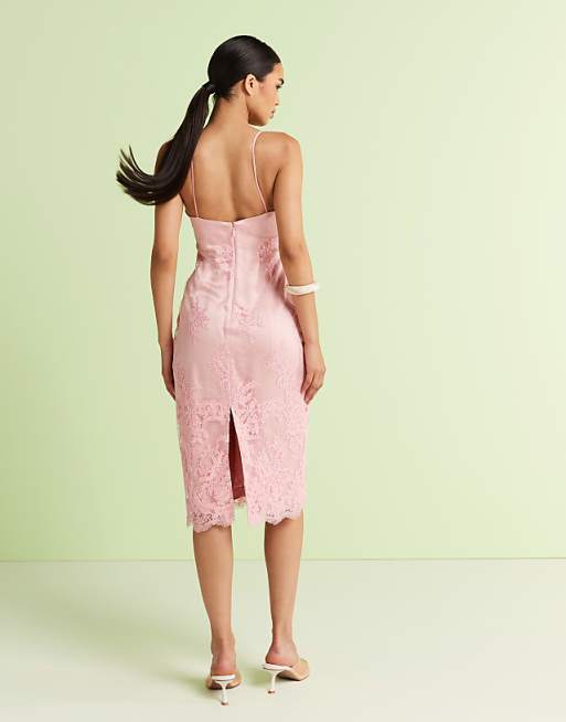 Asos Mango Premium Embroidered Floral Strappy Midi Dress In Pink