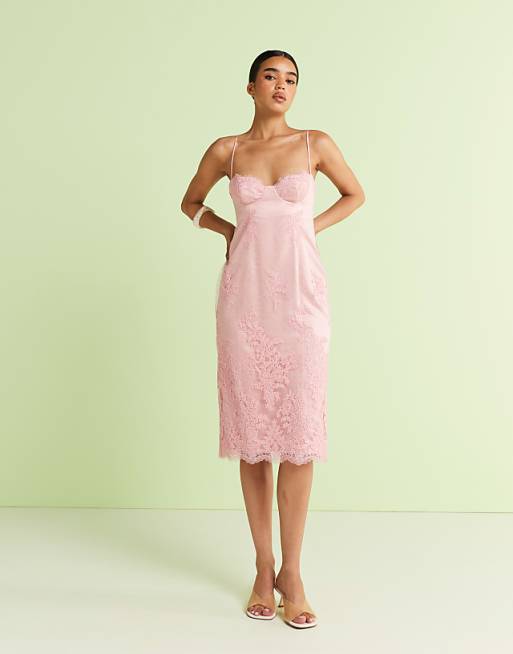 asos Mango premium embroidered floral strappy midi dress in pink
