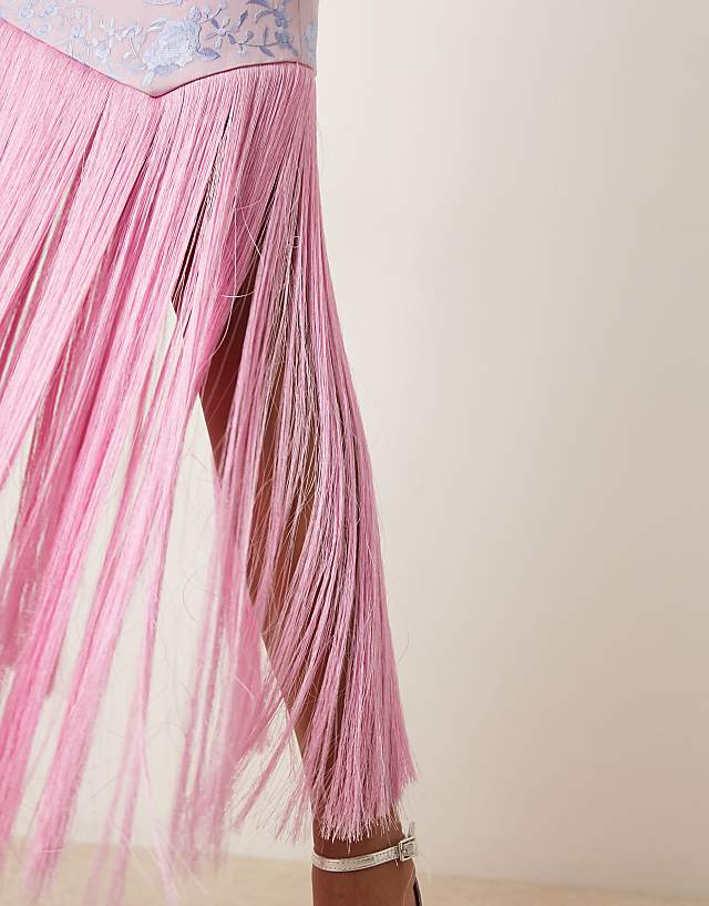 Asos Mango Premium Halterneck Embroidered Floral Maxi Dress With Fringing In Pink