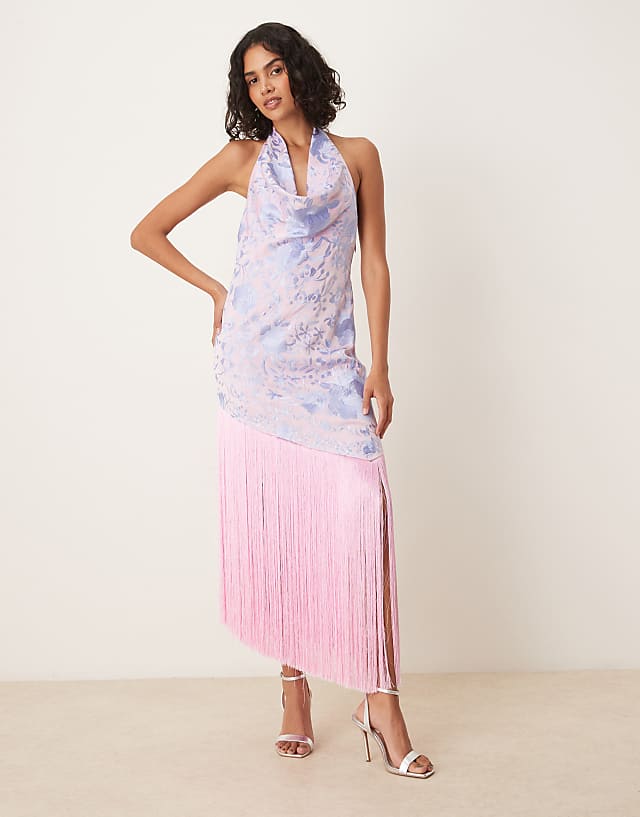asos Mango premium halterneck embroidered floral maxi dress with fringing in pink