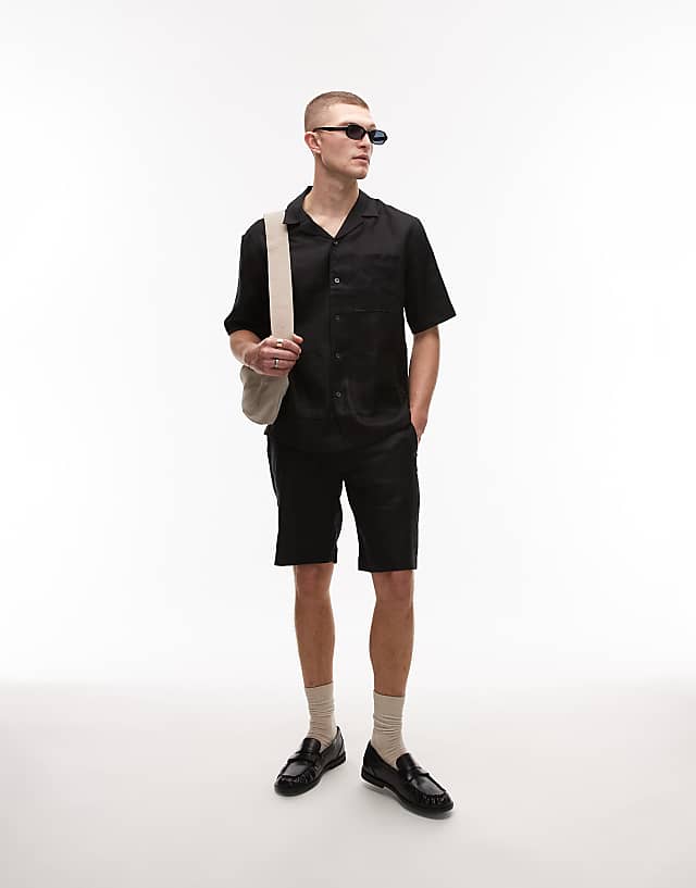 Asos Mango Premium Linen Short Sleeve Shirt In Black
