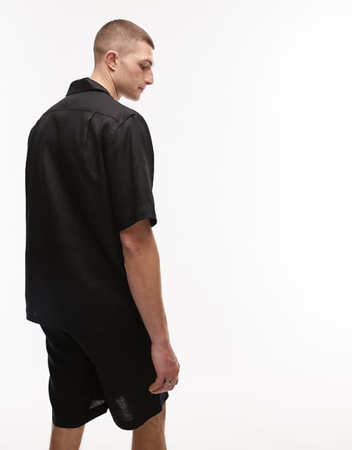 Asos Mango Premium Linen Short Sleeve Shirt In Black