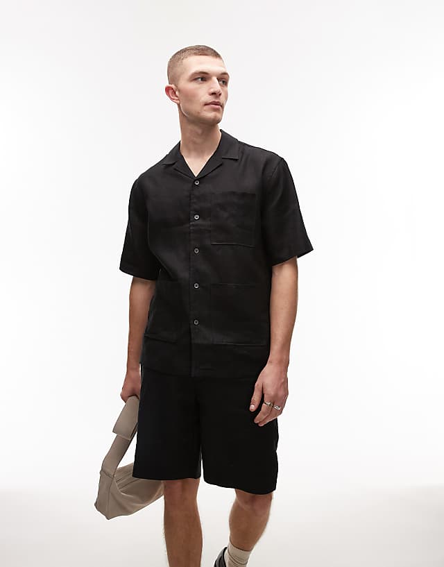 asos Mango premium linen short sleeve shirt in black