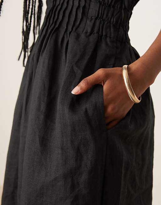 Asos Mango Ramie Linen Blend Drape Sleeve Midaxi Dress With Ruched Pleated Detail Waist And Side Split In Black