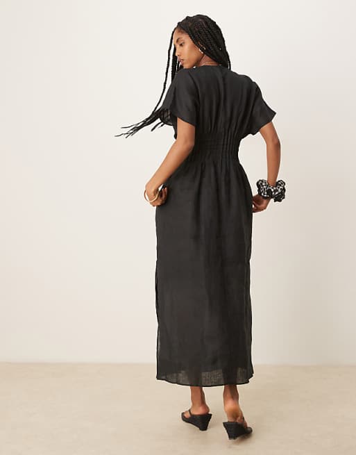 Asos Mango Ramie Linen Blend Drape Sleeve Midaxi Dress With Ruched Pleated Detail Waist And Side Split In Black