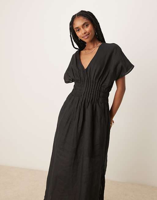 Asos Mango Ramie Linen Blend Drape Sleeve Midaxi Dress With Ruched Pleated Detail Waist And Side Split In Black