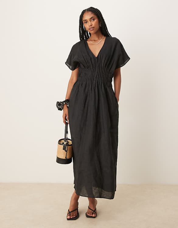 asos Mango ramie linen blend drape sleeve midaxi dress with ruched pleated detail waist and side split in black