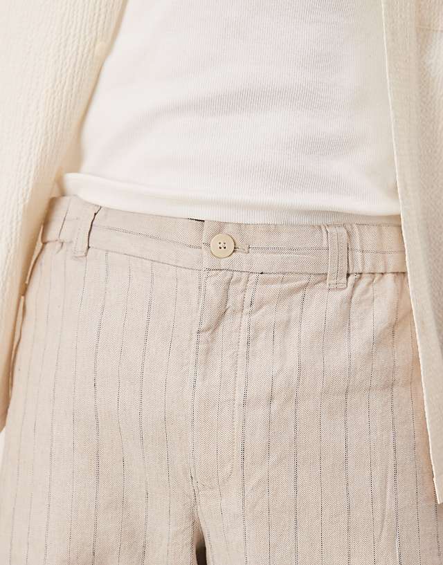 Asos Mango Tailored Linen Mix Short In Beige Stripe