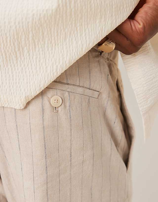 Asos Mango Tailored Linen Mix Short In Beige Stripe