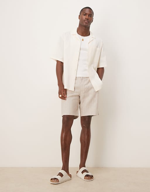 asos Mango tailored linen mix short in beige stripe