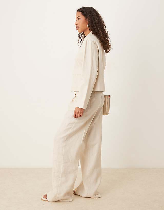Asos Mango Wide Leg Tailored Linen Trouser With Front Pleat Co-ord In Stone
