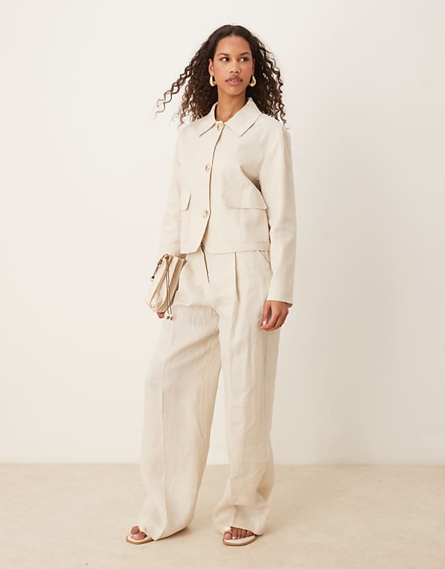 asos Mango wide leg tailored linen trouser with front pleat co-ord in stone