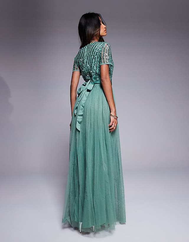 Asos Maya Belted Stripe Embellished Bridesmaid Maxi Dress In Dark Sage