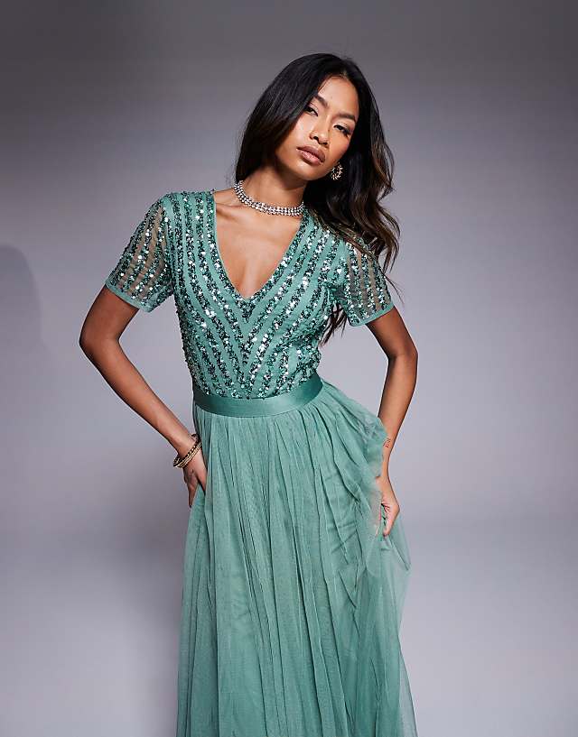 Asos Maya Belted Stripe Embellished Bridesmaid Maxi Dress In Dark Sage