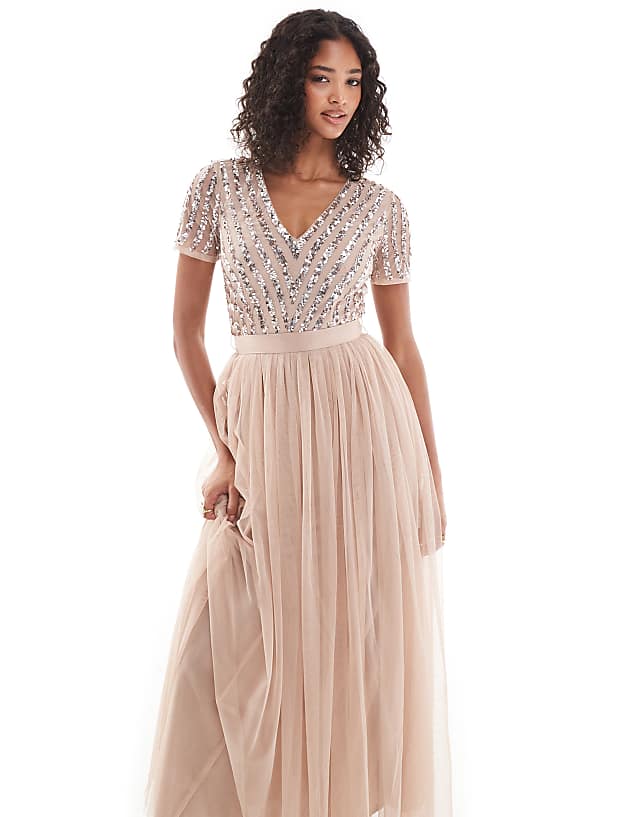 Asos Maya Belted Stripe Embellished Bridesmaid Maxi Dress In Taupe Blush