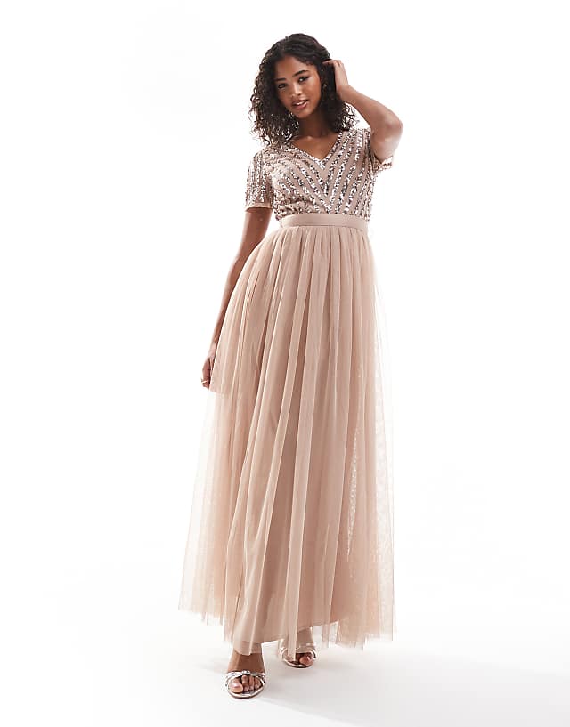 asos Maya Belted stripe embellished bridesmaid maxi dress in taupe blush