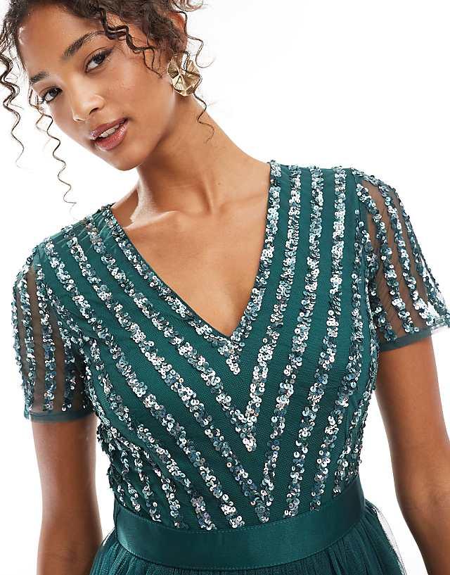 Asos Maya Belted Stripe Embellished Bridesmaid Maxi Dress In Emerald Green