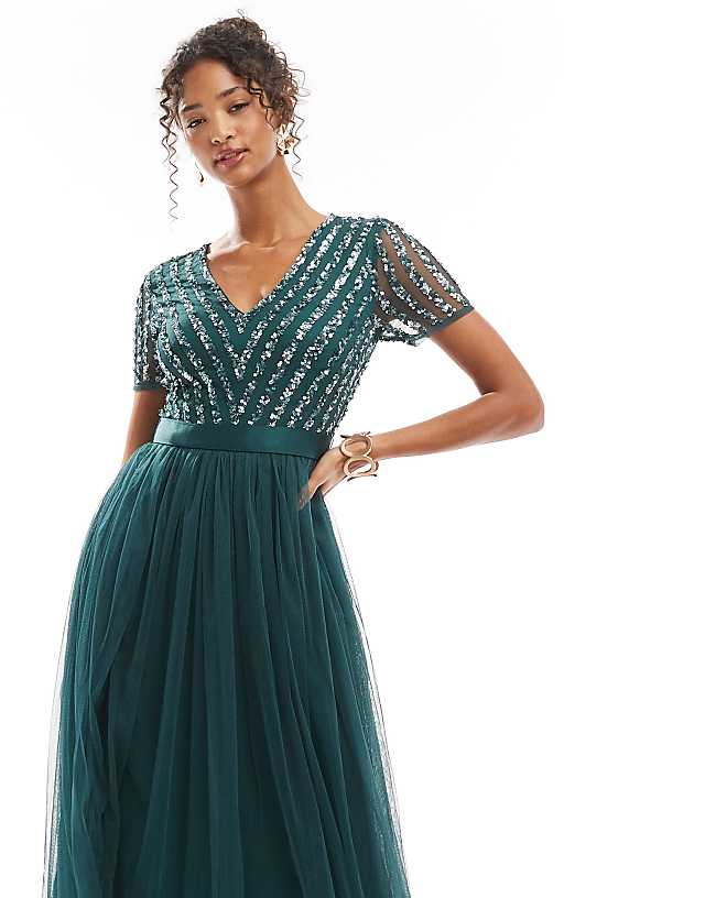 Asos Maya Belted Stripe Embellished Bridesmaid Maxi Dress In Emerald Green