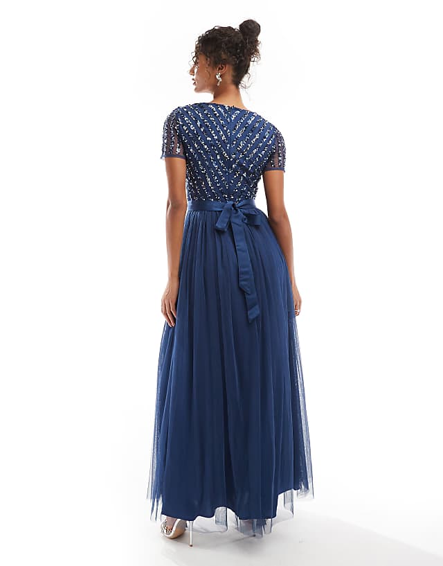 Asos Maya Belted Stripe Embellished Bridesmaid Maxi Dress In French Navy