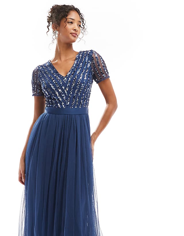 Asos Maya Belted Stripe Embellished Bridesmaid Maxi Dress In French Navy