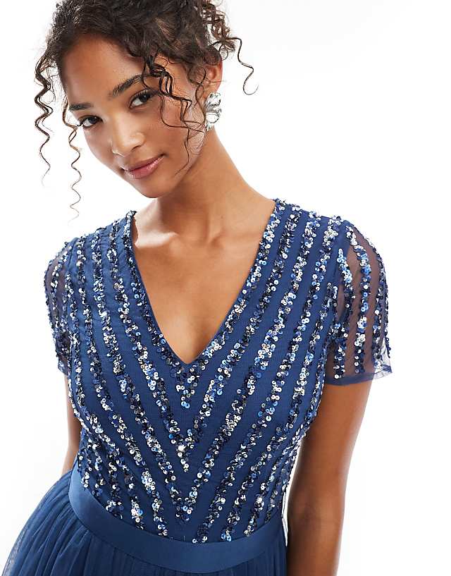 Asos Maya Belted Stripe Embellished Bridesmaid Maxi Dress In French Navy