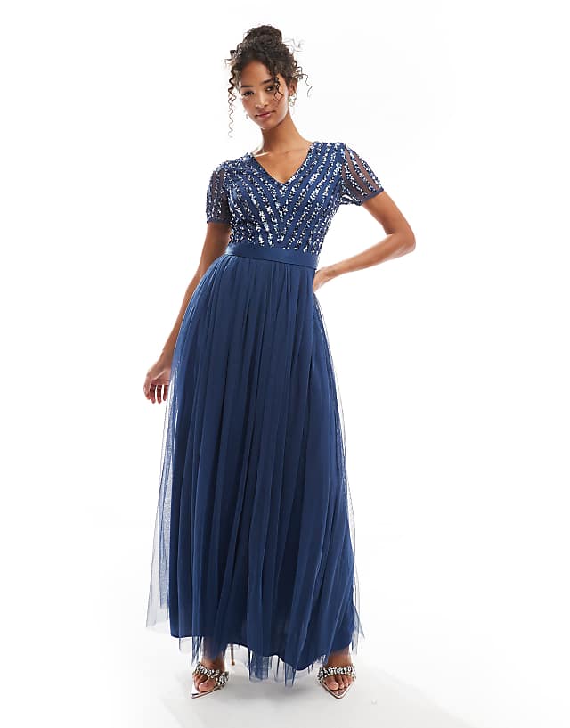 asos Maya Belted stripe embellished bridesmaid maxi dress in french navy