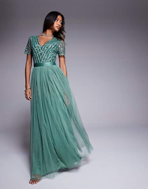 asos Maya Belted stripe embellished bridesmaid maxi dress in dark sage