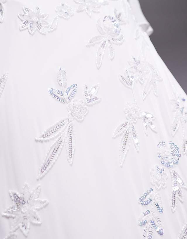 Asos Maya Bridal Floral Embellished Cape Sleeve Faux Wrap Maxi Dress In White