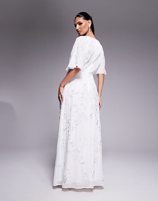 Asos Maya Bridal Floral Embellished Cape Sleeve Faux Wrap Maxi Dress In White