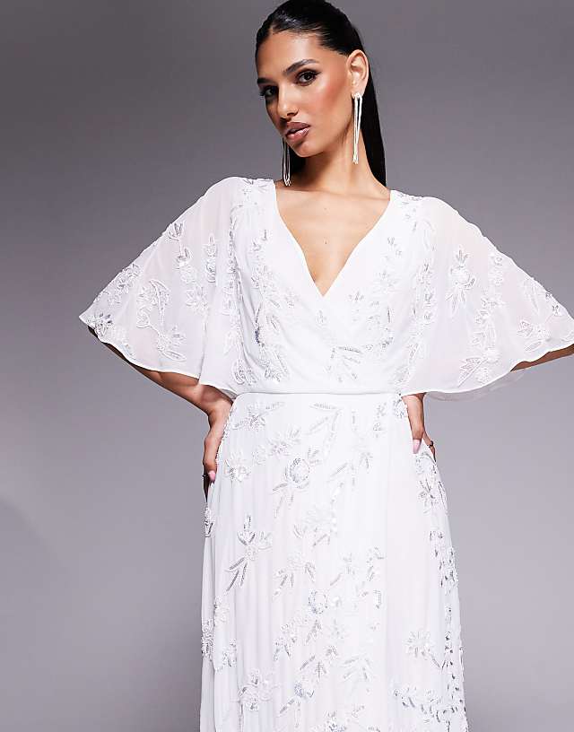 Asos Maya Bridal Floral Embellished Cape Sleeve Faux Wrap Maxi Dress In White
