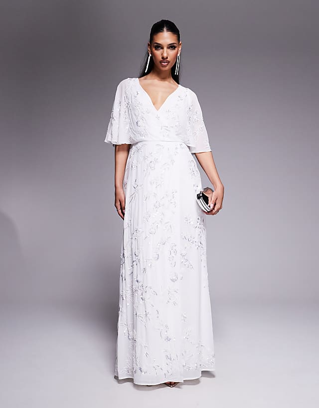 asos Maya Bridal floral embellished cape sleeve faux wrap maxi dress in white