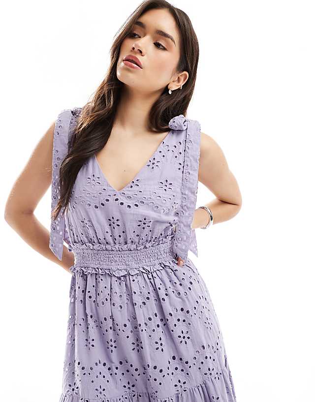 Asos Maya Broderie V Neck Strappy Midi Dress In Dusty Lavender