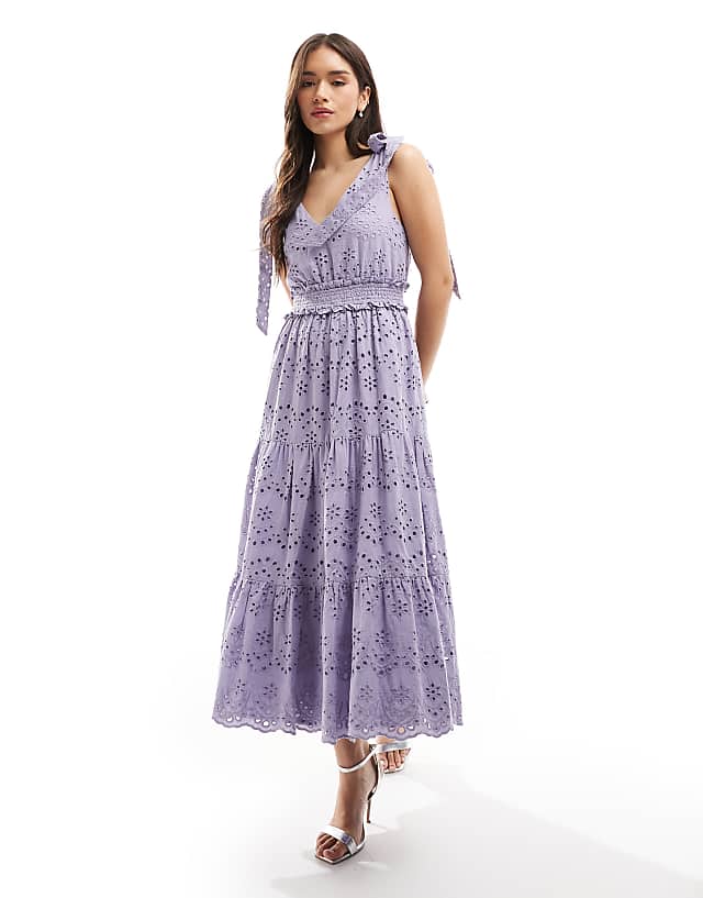 asos Maya Broderie v neck strappy midi dress in dusty lavender