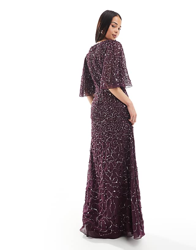 Asos Maya Embellished Angel Sleeve Maxi Dress In Berry