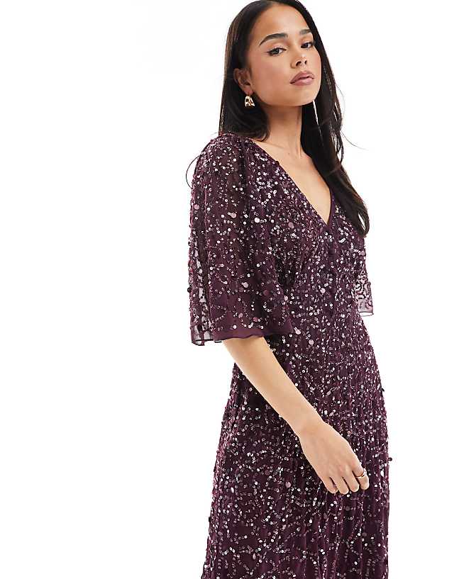 Asos Maya Embellished Angel Sleeve Maxi Dress In Berry