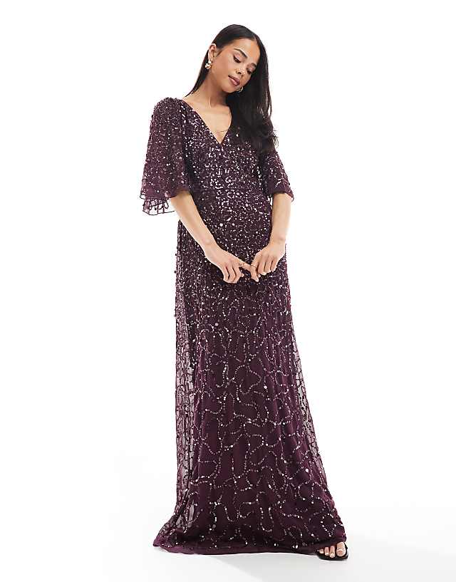 asos Maya Embellished angel sleeve maxi dress in berry