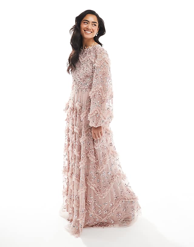 Asos Maya Embellished Blouson Sleeve Maxi Dress In Frosted Pink