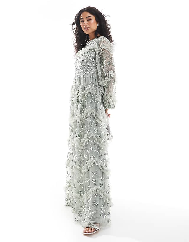 Asos Maya Embellished Blouson Sleeve Maxi Dress In Sage Green