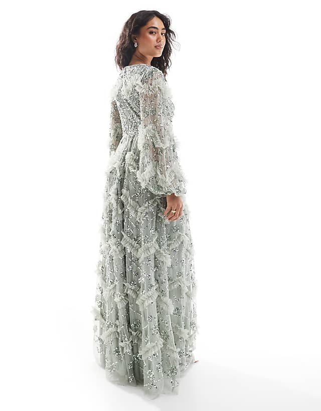Asos Maya Embellished Blouson Sleeve Maxi Dress In Sage Green