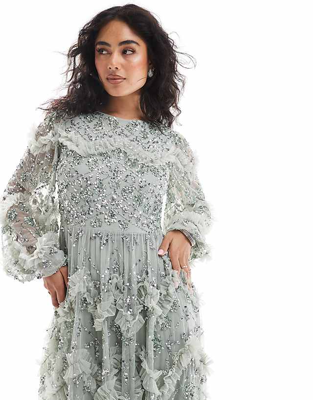 asos Maya Embellished blouson sleeve maxi dress in sage green