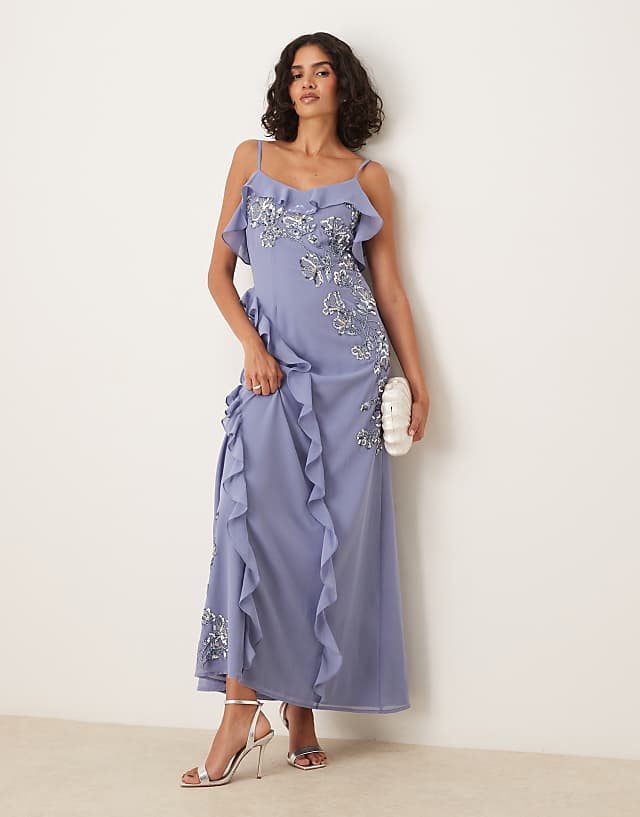 asos Maya Embellished cold shoulder maxi dress in lavender blue