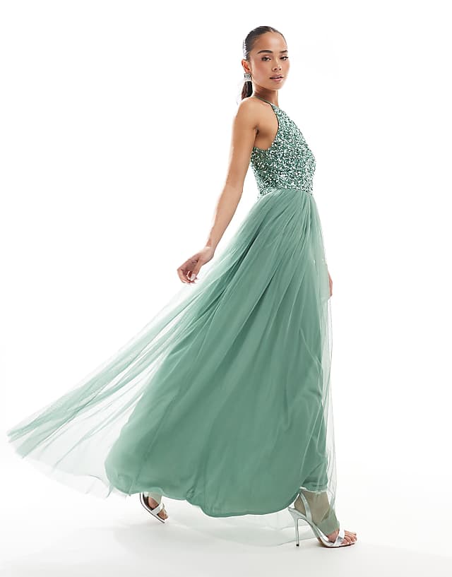 Asos Maya Embellished Halter Neck Maxi Dress In Dark Sage