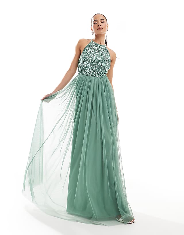 asos Maya Embellished halter neck maxi dress in dark sage