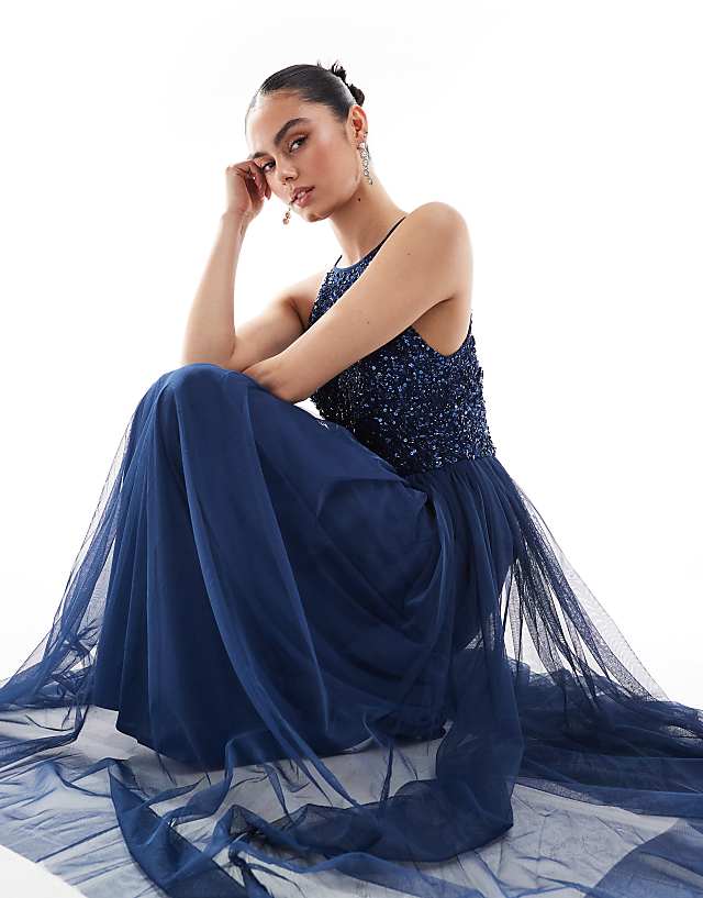 Asos Maya Embellished Halter Neck Maxi Dress In French Navy